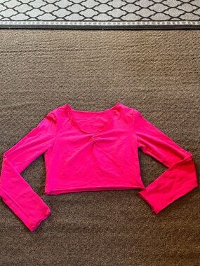 SHEIN Hot Pink Long Sleeve Cropped Twist Front Top